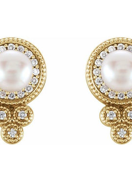 14K White Gold Cultured White Freshwater Pearl & 1/5 CTW Natural Diamond Earrings