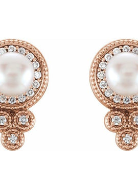 14K White Gold Cultured White Freshwater Pearl & 1/5 CTW Natural Diamond Earrings