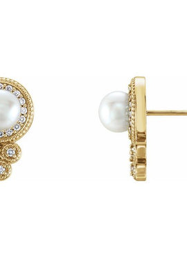 14K White Gold Cultured White Freshwater Pearl & 1/5 CTW Natural Diamond Earrings