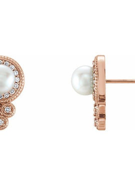 14K White Gold Cultured White Freshwater Pearl & 1/5 CTW Natural Diamond Earrings