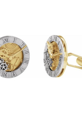 14K Yellow Gold & Sterling Silver Clock Design Cuff Links