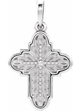 14K White Gold Ornate Leaf Cross Pendant