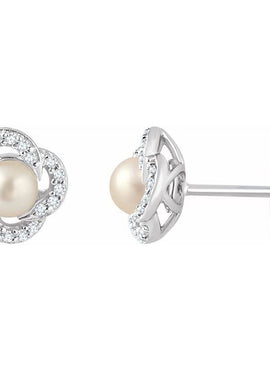 14K White Gold Cultured White Freshwater Pearl & 1/6 CTW Natural Diamond Earrings