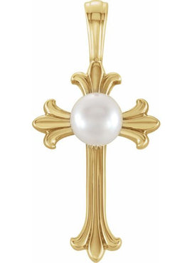14K White Gold Cultured White Freshwater Pearl Cross Pendant