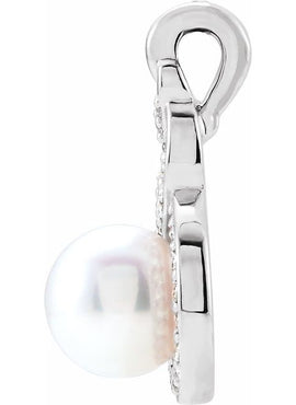 14K White Gold Cultured White Akoya Pearl & 1/10 CTW Natural Diamond Pendant
