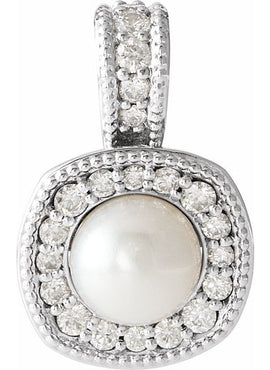14K White Gold Cultured White Freshwater Pearl & 1/4 CTW Natural Diamond Pendant