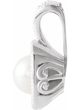 14K White Gold Cultured White Freshwater Pearl & 1/4 CTW Natural Diamond Pendant