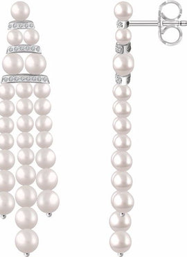 14K White Gold Cultured White Freshwater Pearl & 1/4 CTW Natural Diamond Earrings