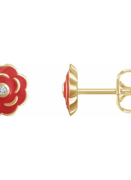10K Yellow Gold .01 CTW Natural Diamond Enamel Flower Earrings