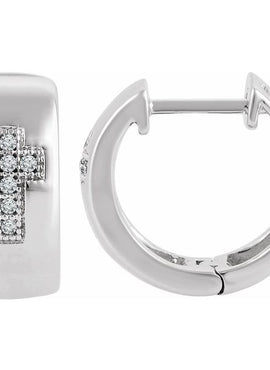 Sterling Silver .05 CTW Natural Diamond Cross 11.3 mm Hoop Earrings