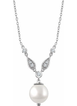 14K White Gold Cultured White Freshwater Pearl & 1/6 CTW Natural Diamond 16-18