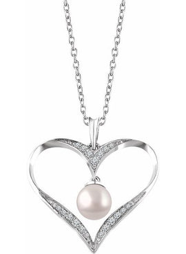 Sterling Silver Cultured White Freshwater Pearl & 1/6 CTW Natural Diamond Heart 16-18