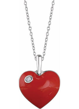 Sterling Silver .02 CT Natural Diamond Red Enamel Heart 16-18
