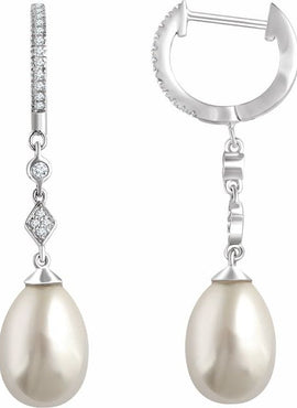 14K White Gold Cultured White Freshwater Pearl & 1/6 CTW Natural Diamond Earrings