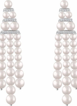 14K White Gold Cultured White Freshwater Pearl & 1/4 CTW Natural Diamond Earrings