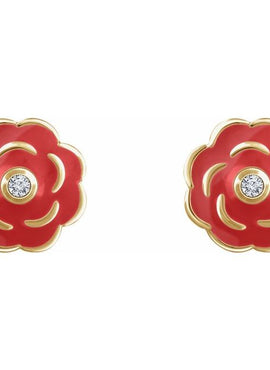 10K Yellow Gold .01 CTW Natural Diamond Enamel Flower Earrings