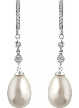 14K White Gold Cultured White Freshwater Pearl & 1/6 CTW Natural Diamond Earrings