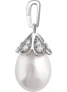 14K White Gold Cultured White Freshwater Pearl & 1/8 CTW Natural Diamond Pendant