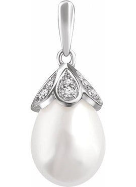 14K White Gold Cultured White Freshwater Pearl & 1/8 CTW Natural Diamond Pendant