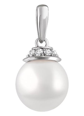 14K White Gold Cultured White Freshwater Pearl & .08 CTW Natural Diamond Pendant