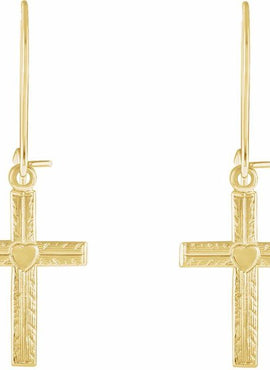 14K Yellow Gold Heart & Cross Earrings
