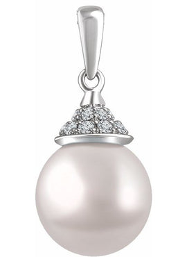 14K White Gold Cultured White Freshwater Pearl & 1/8 CTW Natural Diamond Pendant