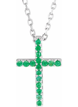 14K White Gold Natural Emerald Petite Cross 16