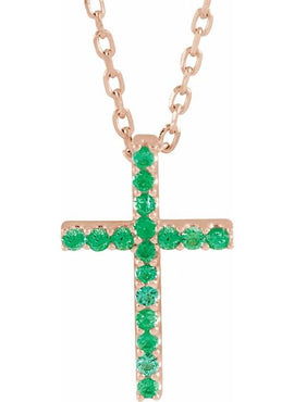14K White Gold Natural Emerald Petite Cross 16