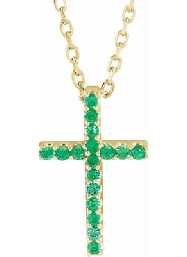 14K White Gold Natural Emerald Petite Cross 16