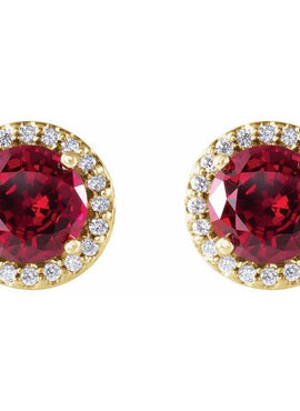 14K Yellow Gold Lab-Grown Ruby & .08 CTW Natural Diamond Halo-Style Earrings