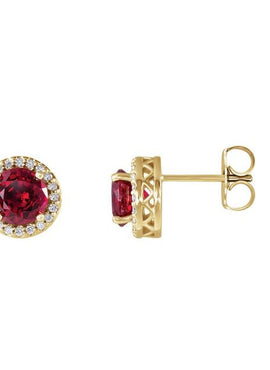 14K Yellow Gold Lab-Grown Ruby & .08 CTW Natural Diamond Halo-Style Earrings