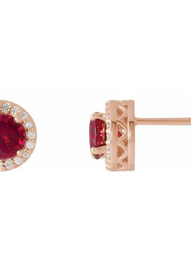 14K Yellow Gold Lab-Grown Ruby & .08 CTW Natural Diamond Halo-Style Earrings