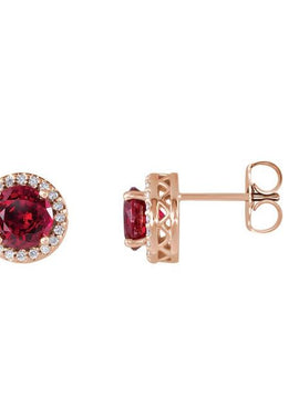 14K Yellow Gold Lab-Grown Ruby & .08 CTW Natural Diamond Halo-Style Earrings