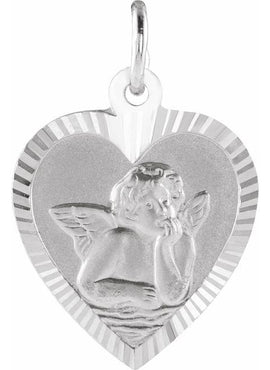 14K White Gold 12x11 mm Heart Cherub Angel Medal