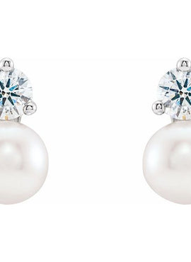 14K White Gold Cultured White Freshwater Pearl & 1/2 CTW Natural Diamond Earrings