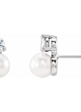 14K White Gold Cultured White Freshwater Pearl & 1/2 CTW Natural Diamond Earrings
