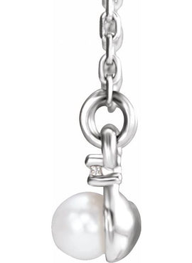 14K White Gold Cultured White Freshwater Pearl & 1/8 CTW Natural Diamond Bar 16-18