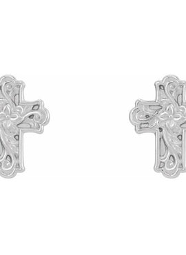 14K White Gold Floral Cross Earrings