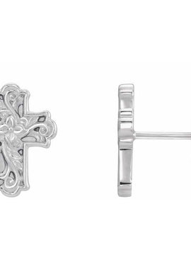 14K White Gold Floral Cross Earrings