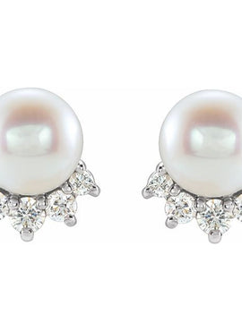14K White Gold Cultured White Freshwater Cultured Pearl & .08 CTW Natural Diamond Earrings