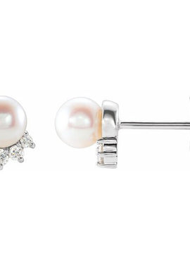 14K White Gold Cultured White Freshwater Cultured Pearl & .08 CTW Natural Diamond Earrings