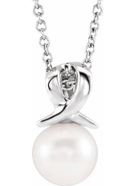 14K White Gold Cultured White Freshwater Pearl Bypass Pendant