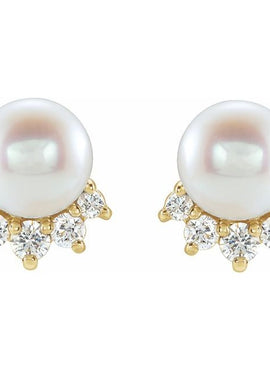 14K White Gold Cultured White Freshwater Cultured Pearl & .08 CTW Natural Diamond Earrings