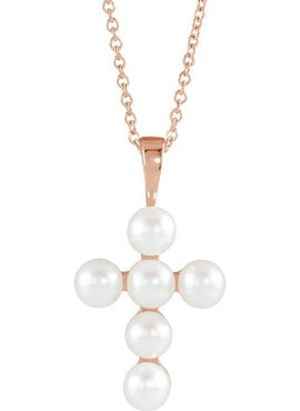 14K White Gold Cultured White Freshwater Pearl Cross Pendant