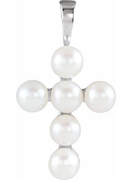 14K White Gold Cultured White Freshwater Pearl Cross Pendant