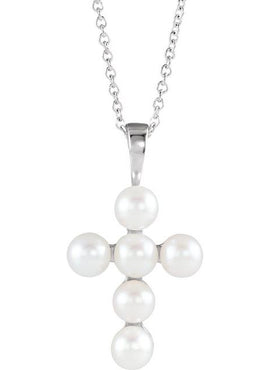 14K White Gold Cultured White Freshwater Pearl Cross Pendant