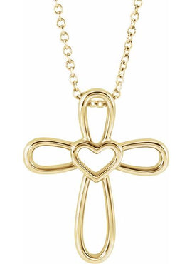 14K White Gold Cross with Heart Pendant