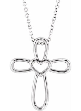 14K White Gold Cross with Heart Pendant