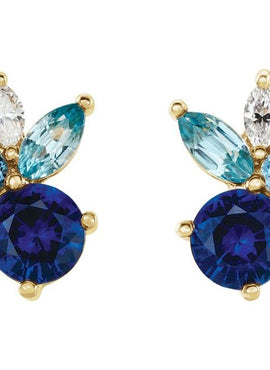 14K White Gold Natural Blue Sapphire, Natural Aquamarine, Natural Blue Zircon & .07 CTW Natural Diamond Earrings