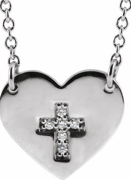 14K White Gold .02 CTW Natural Diamond Heart & Cross 16-18